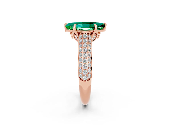 Rose gold Marquise Cut Emerald Solitaire Ring with Three-Row Pavé Band and Four-Prong Setting