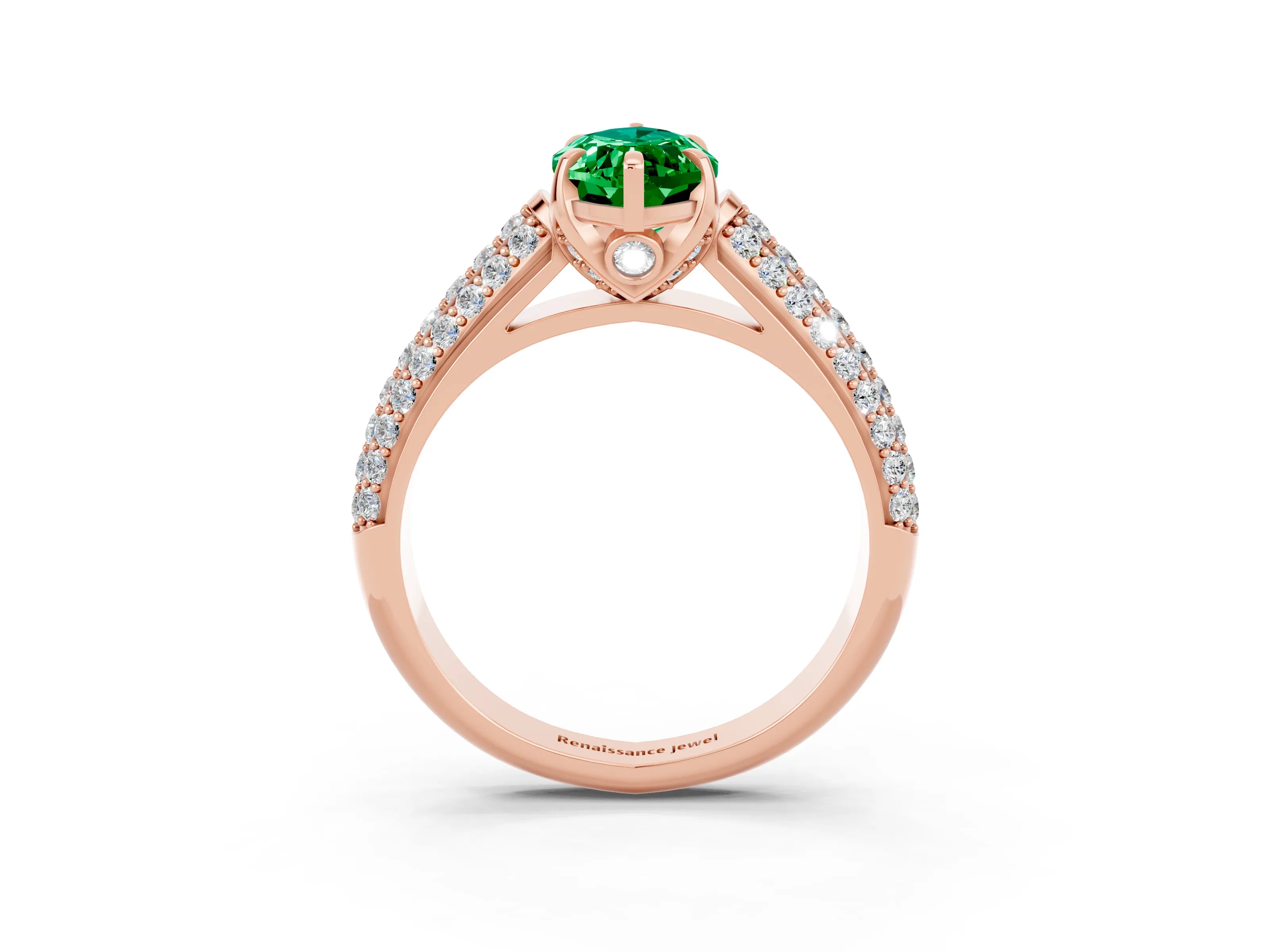 Rose gold Marquise Cut Emerald Solitaire Ring with Three-Row Pavé Band and Four-Prong Setting_15