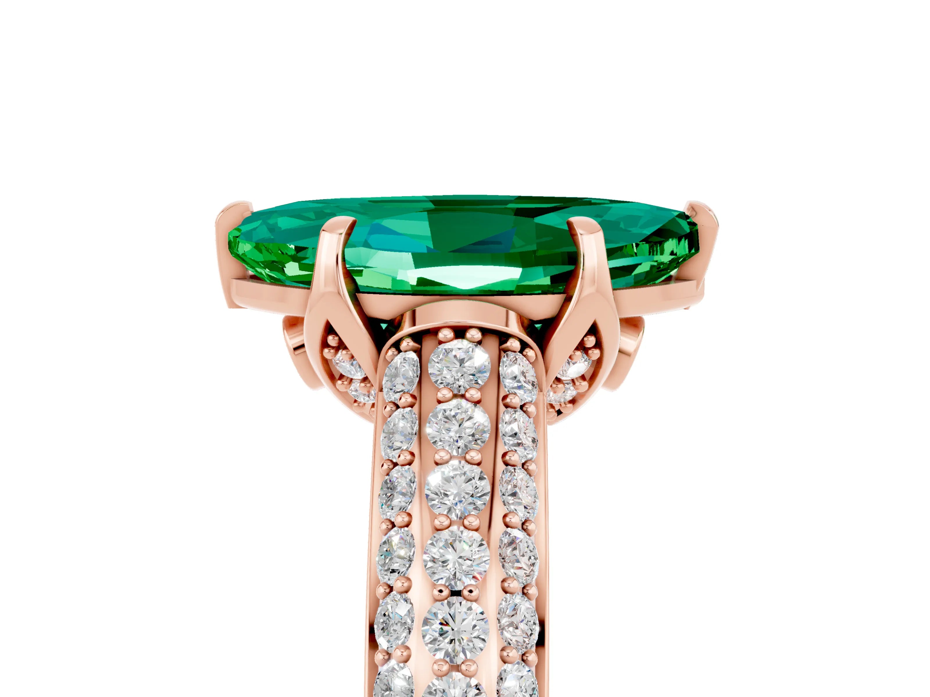 Rose gold Marquise Cut Emerald Solitaire Ring with Three-Row Pavé Band and Four-Prong Setting_17
