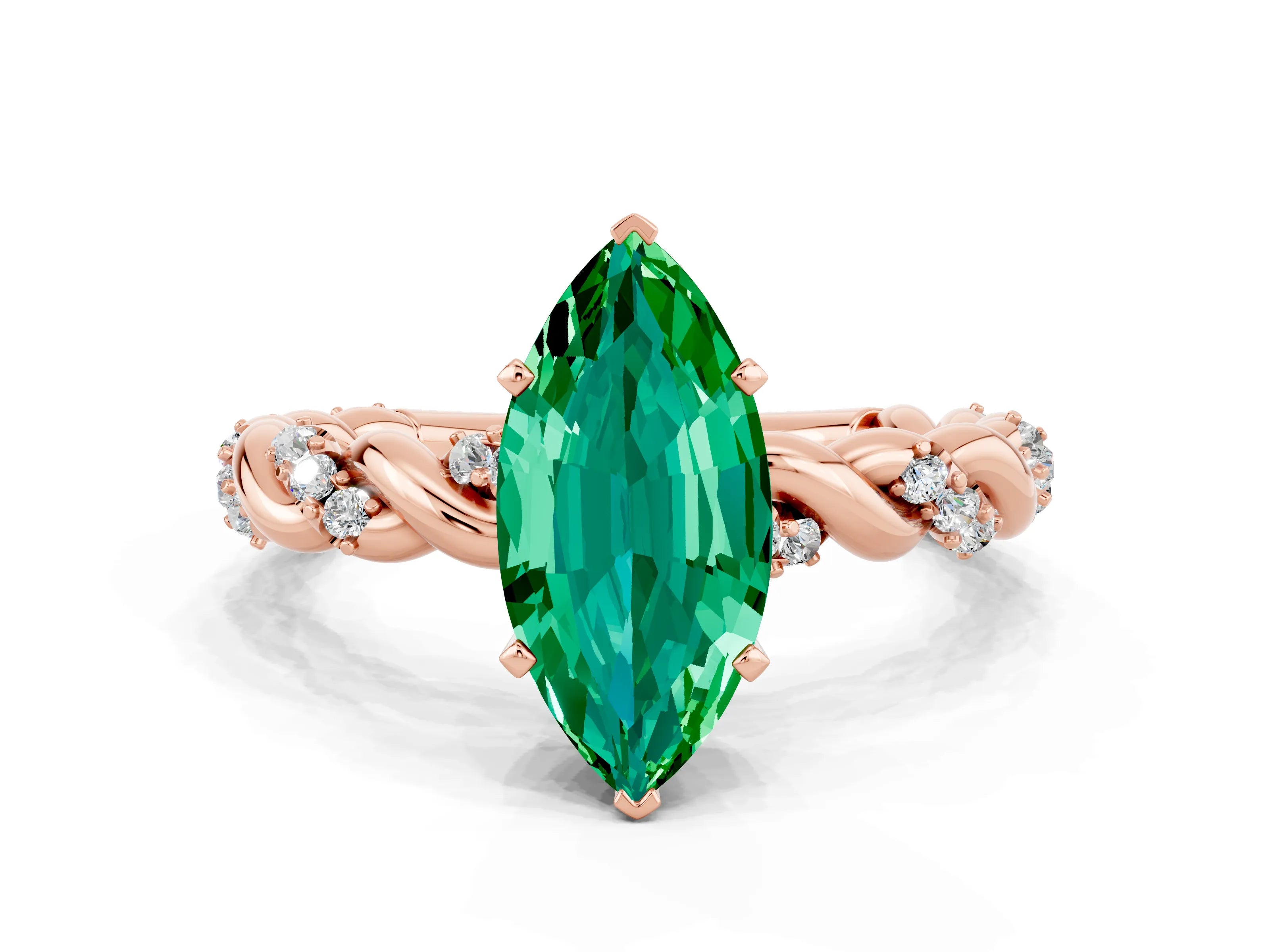 Rose gold Marquise Cut Emerald Solitaire Ring with Twisted Band and Pavé Accents