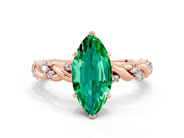 Rose gold Marquise Cut Emerald Solitaire Ring with Twisted Band and Pavé Accents