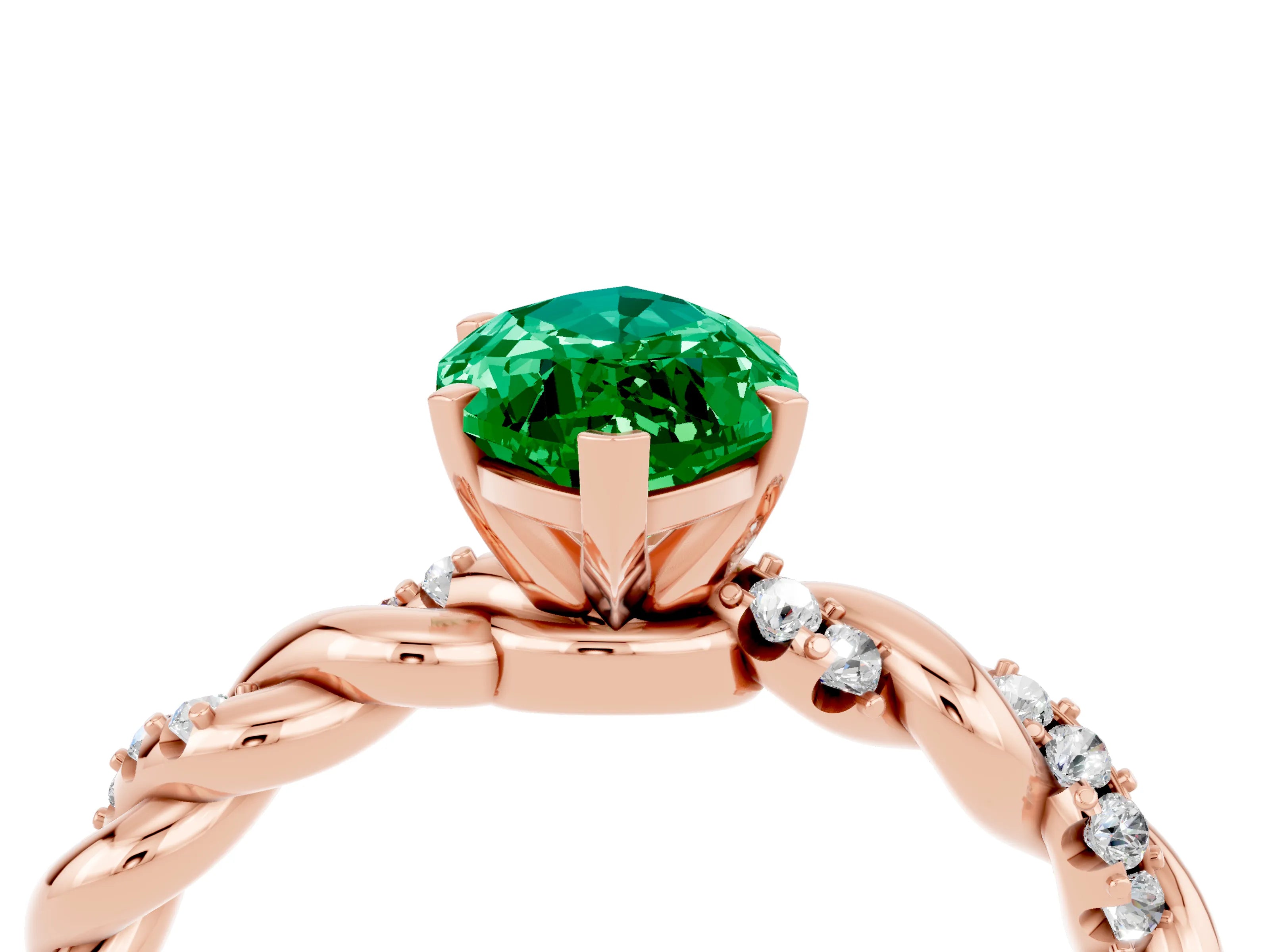 Rose gold Marquise Cut Emerald Solitaire Ring with Twisted Band and Pavé Accents_4