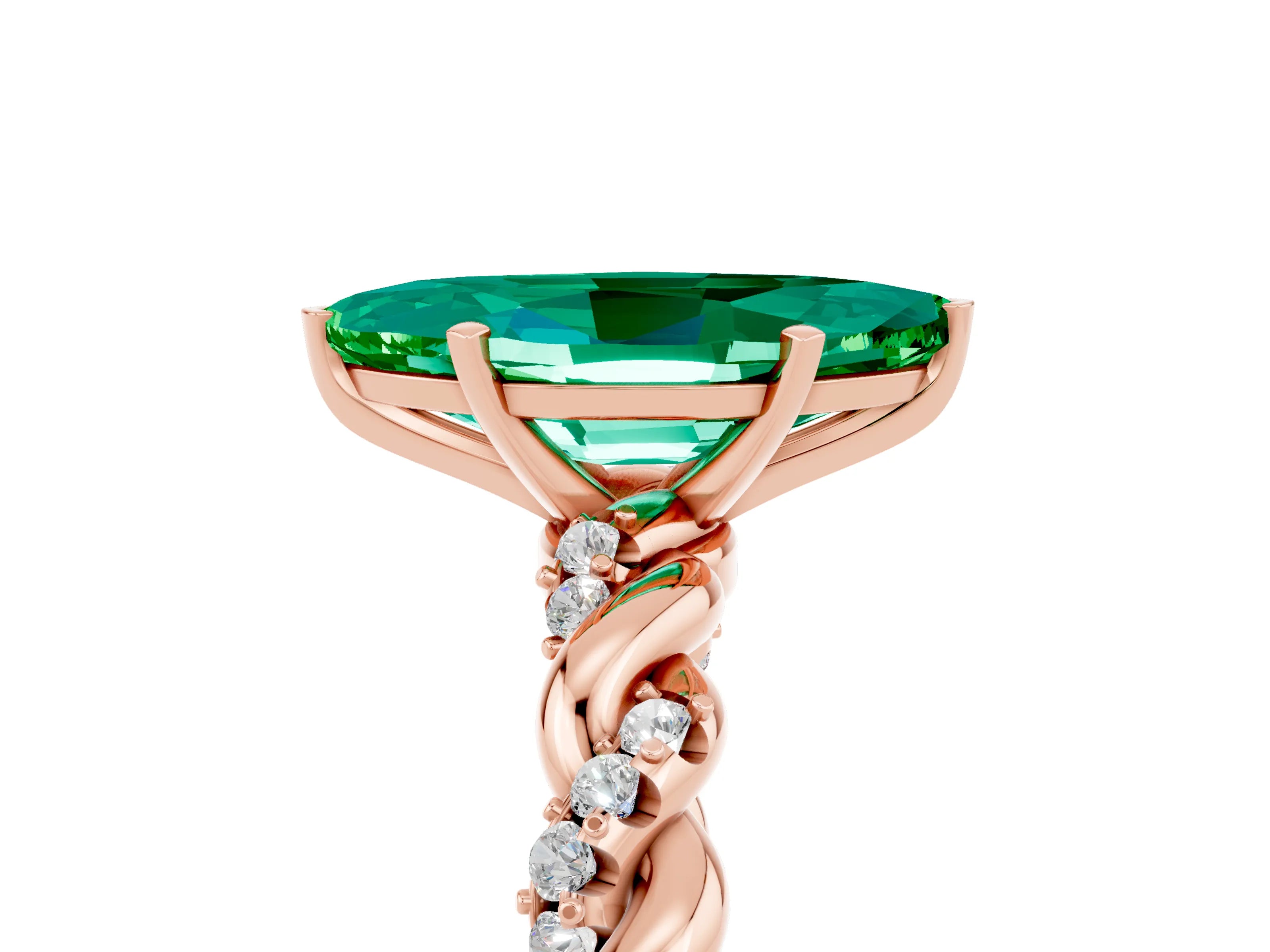 Rose gold Marquise Cut Emerald Solitaire Ring with Twisted Band and Pavé Accents_5