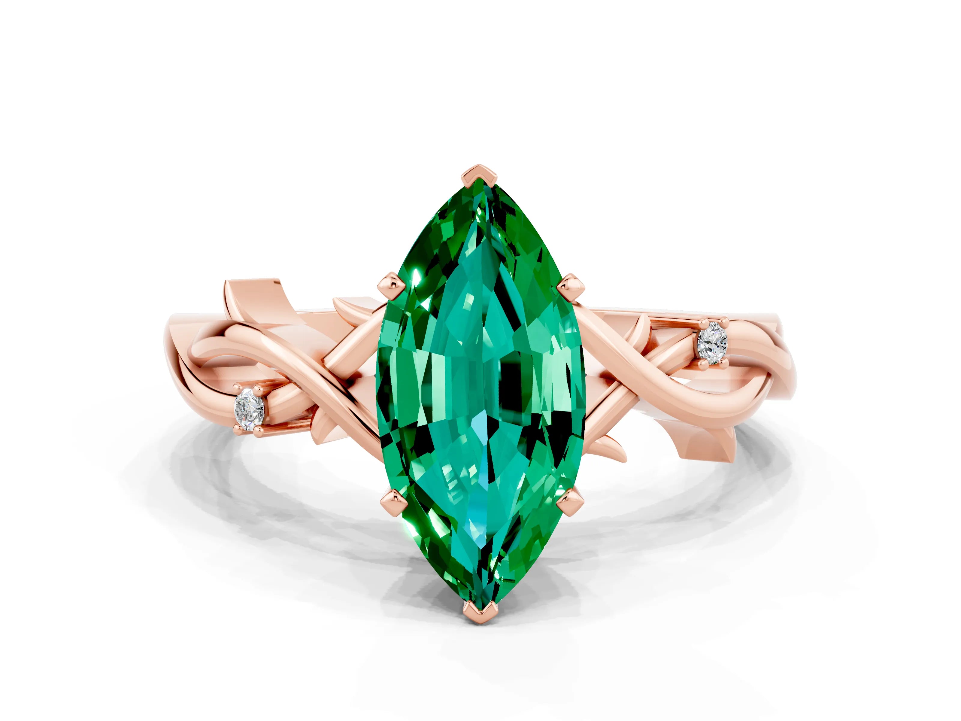 Rose gold Marquise Cut Emerald Solitaire Ring with Twisted Band and Prong Setting
