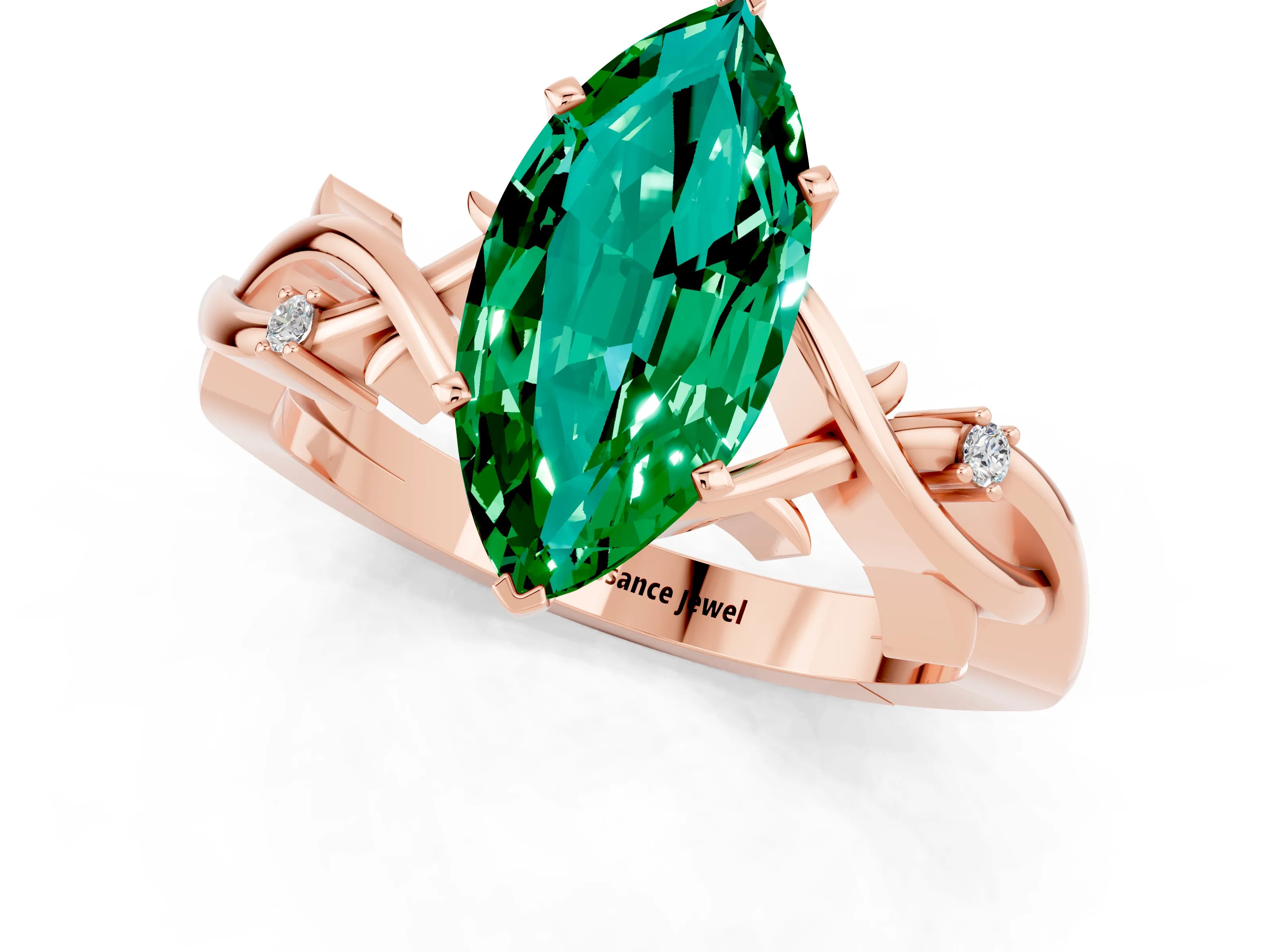 Rose gold Marquise Cut Emerald Solitaire Ring with Twisted Band and Prong Setting_1