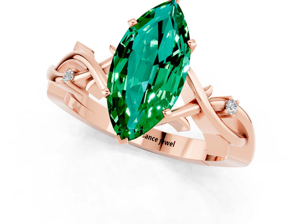 Rose gold Marquise Cut Emerald Solitaire Ring with Twisted Band and Prong Setting