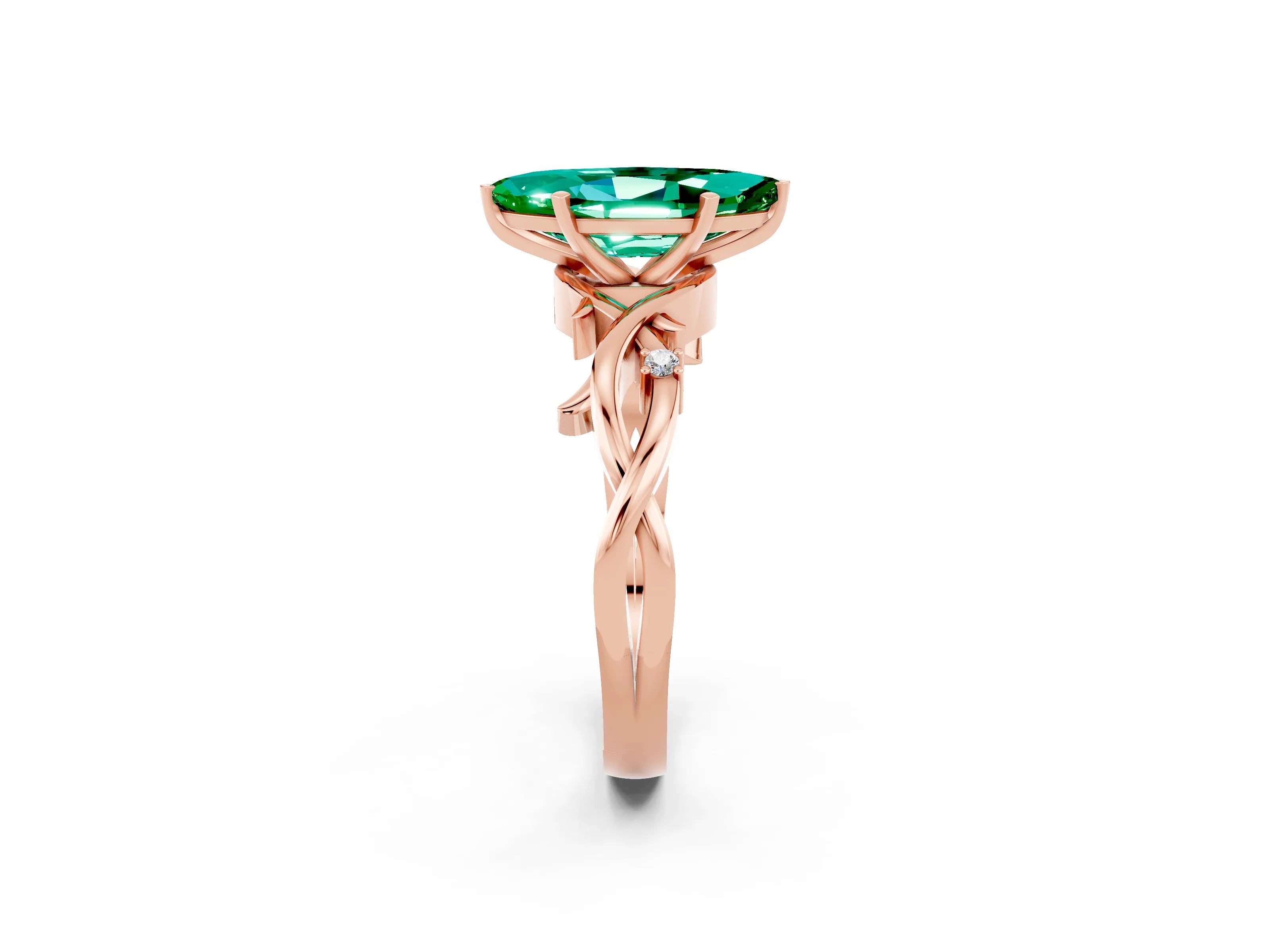 Rose gold Marquise Cut Emerald Solitaire Ring with Twisted Band and Prong Setting_2