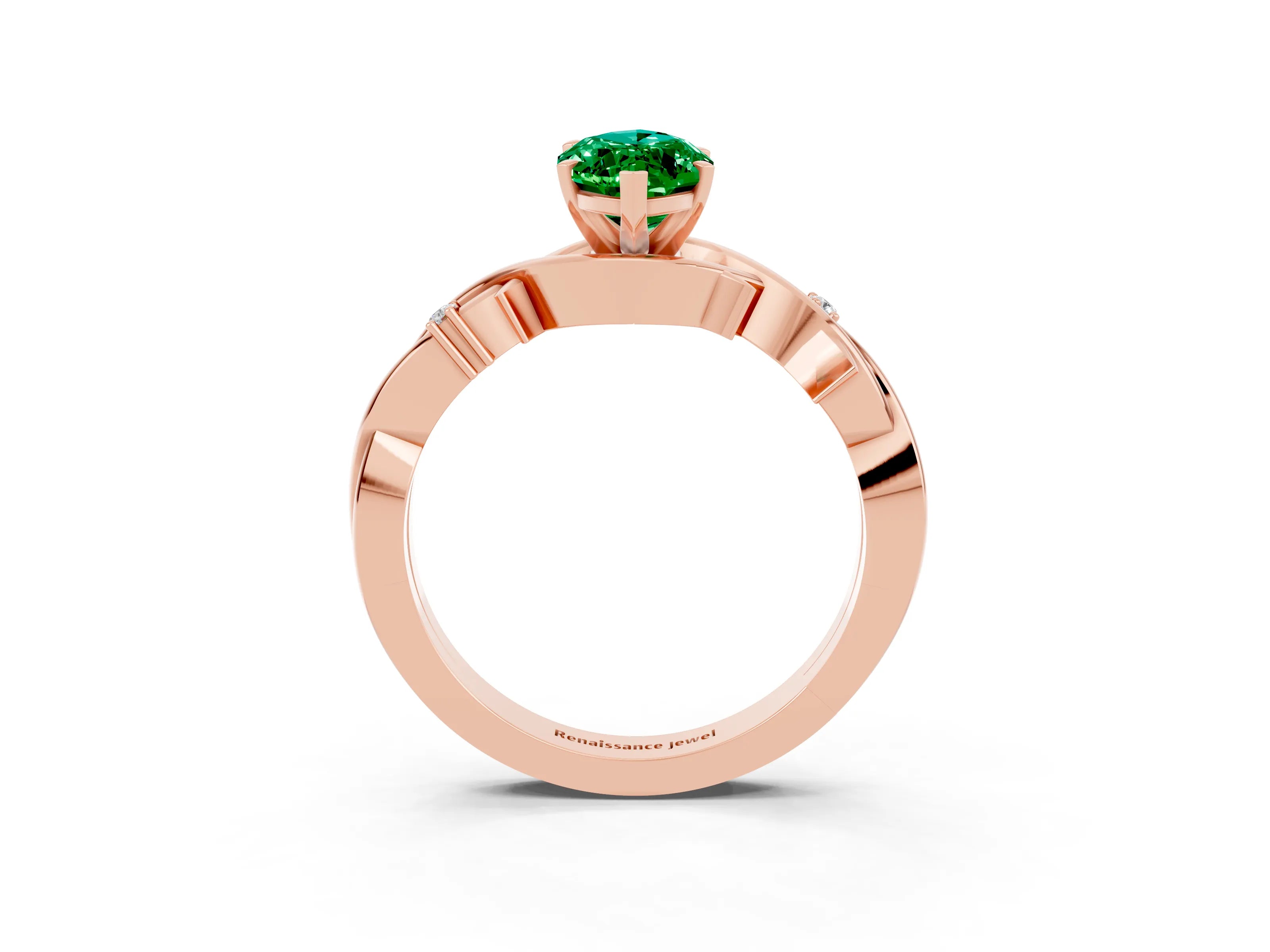 Rose gold Marquise Cut Emerald Solitaire Ring with Twisted Band and Prong Setting_3
