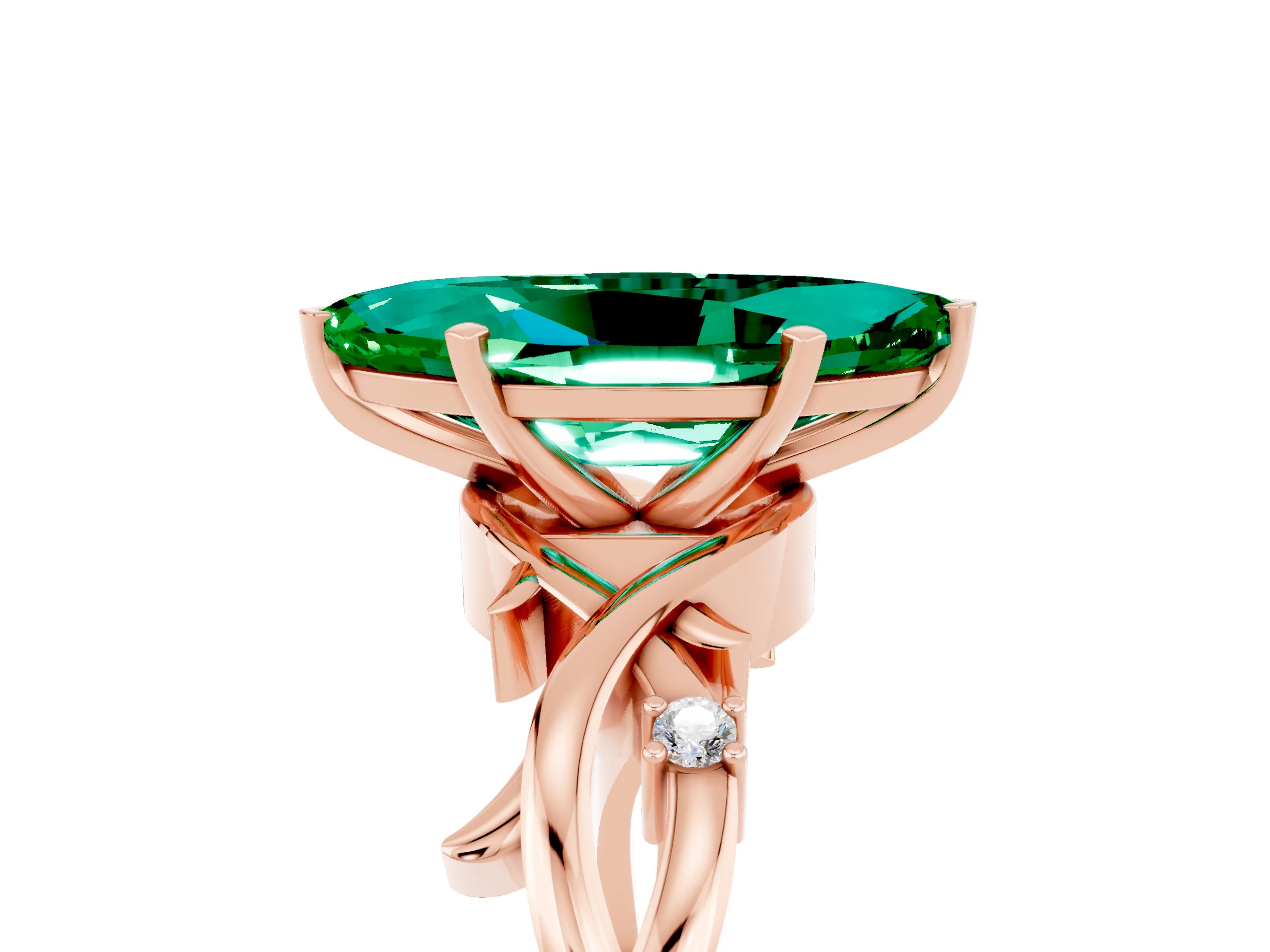 Rose gold Marquise Cut Emerald Solitaire Ring with Twisted Band and Prong Setting_5