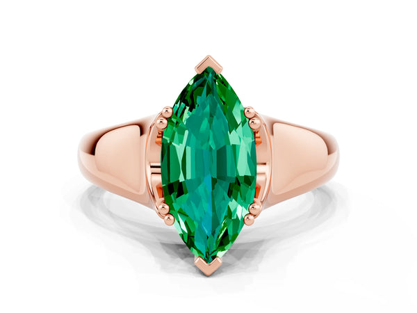 Rose gold Marquise Cut Emerald Solitaire Ring with Wide Band and Prong Setting