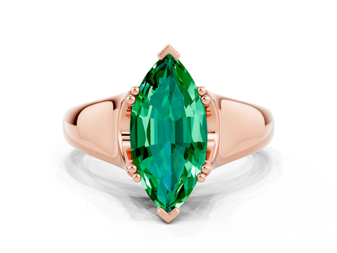 Rose gold Marquise Cut Emerald Solitaire Ring with Wide Band and Prong Setting