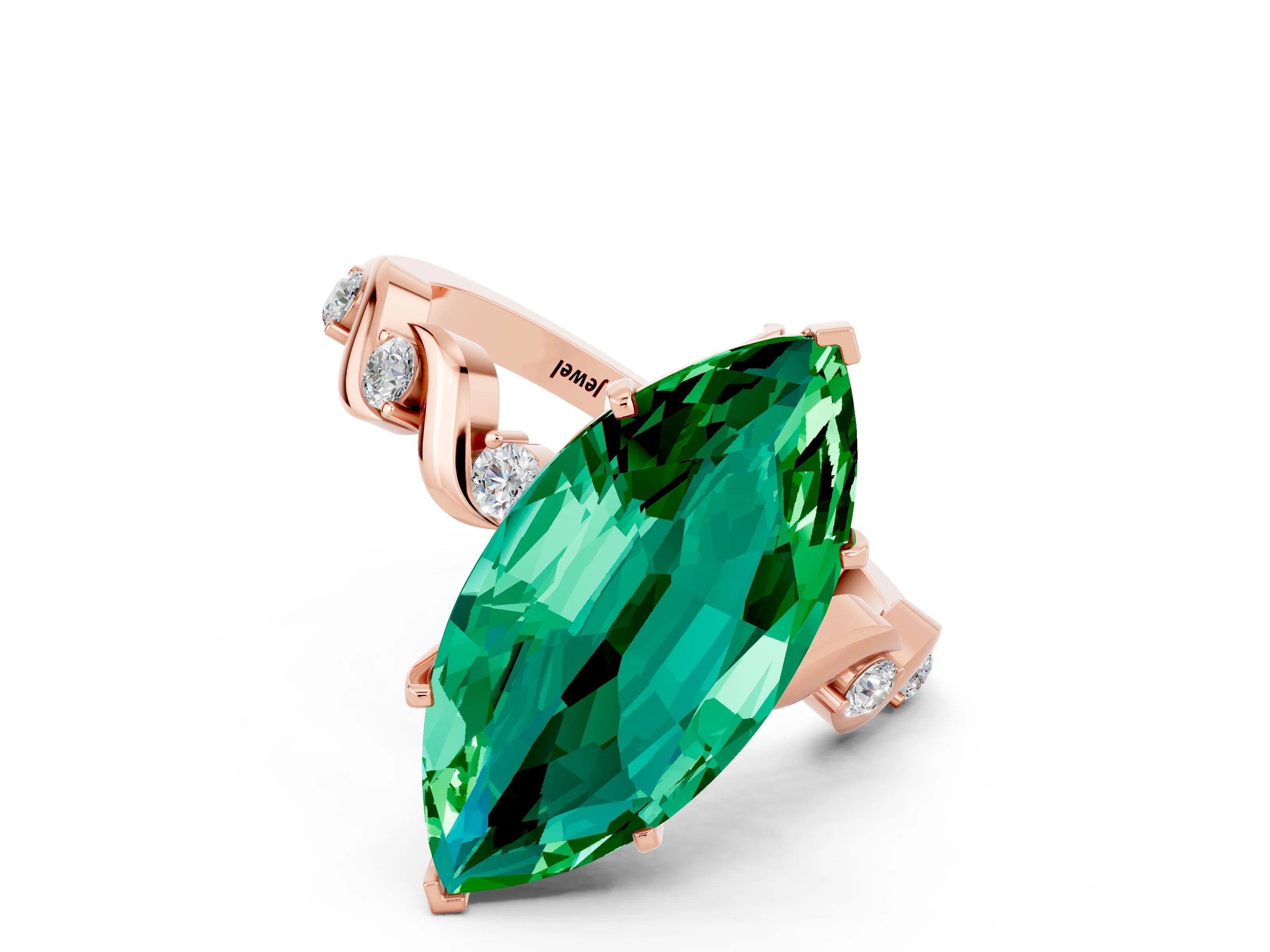 Rose gold Marquise Cut Emerald Solitaire Twisted Band with Round  Accents and Prong Setting_12