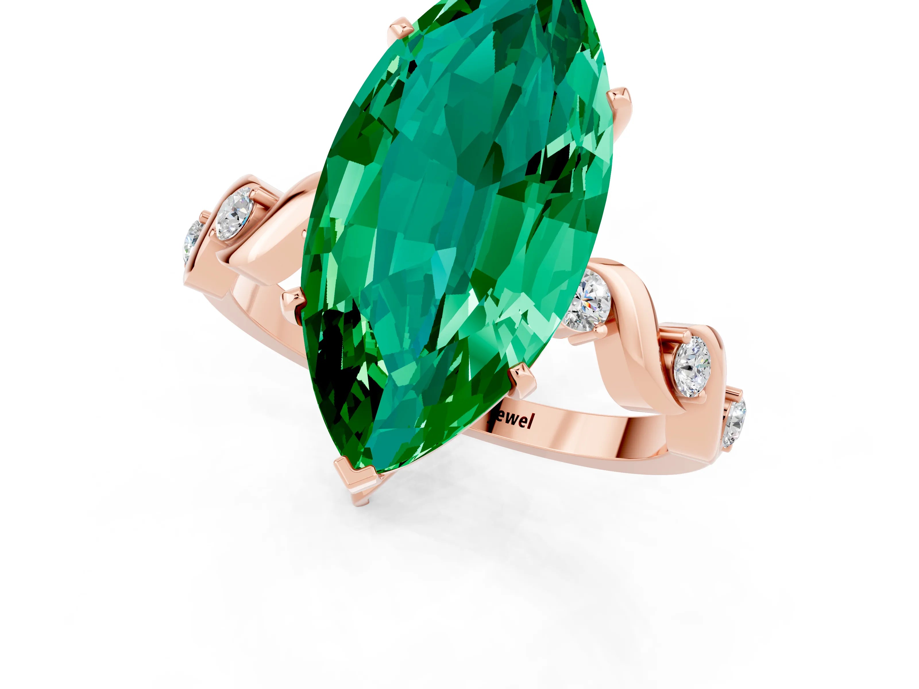 Rose gold Marquise Cut Emerald Solitaire Twisted Band with Round  Accents and Prong Setting_13