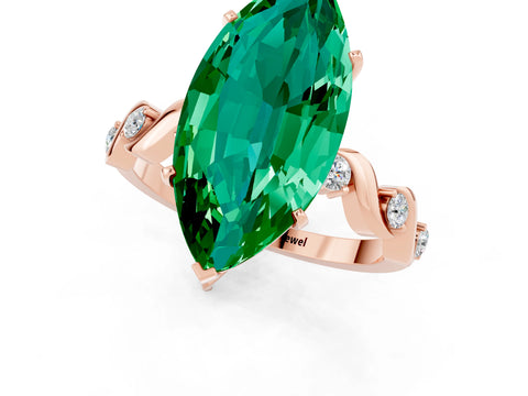 Rose gold Marquise Cut Emerald Solitaire Twisted Band with Round  Accents and Prong Setting_13