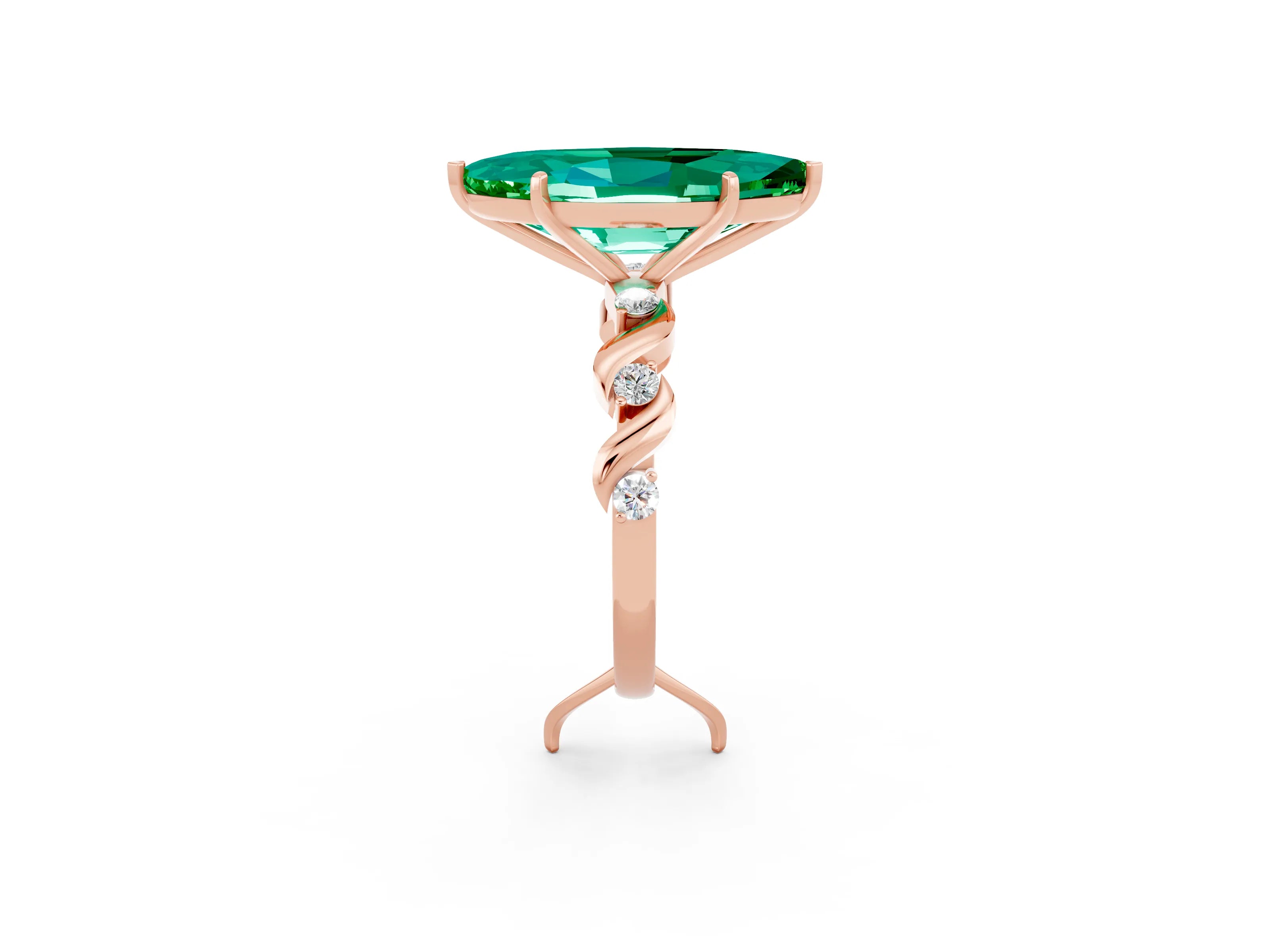 Rose gold Marquise Cut Emerald Solitaire Twisted Band with Round  Accents and Prong Setting_14
