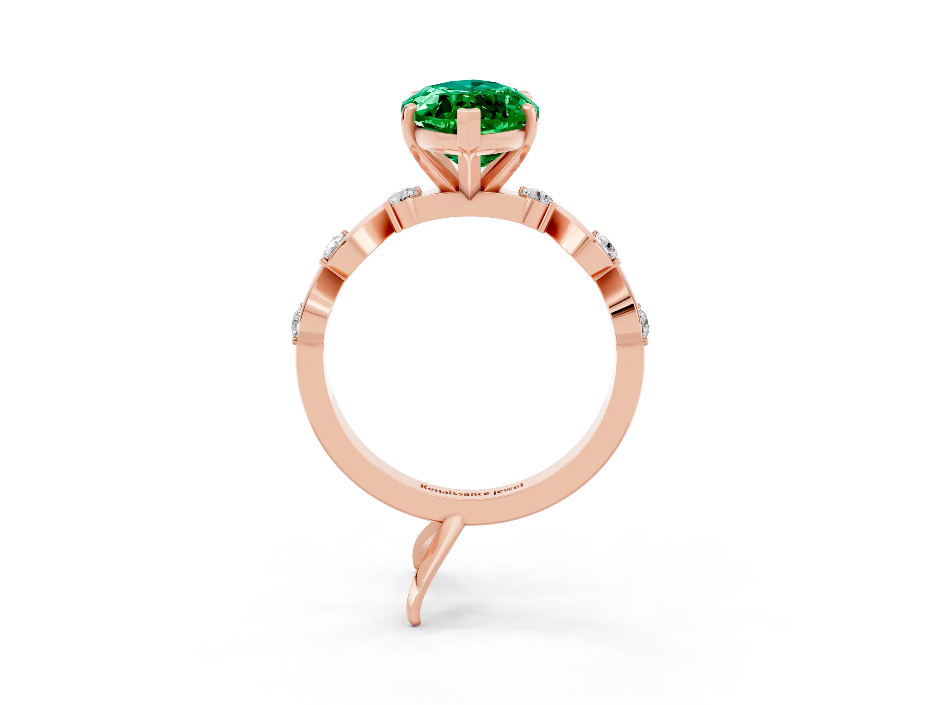 Rose gold Marquise Cut Emerald Solitaire Twisted Band with Round  Accents and Prong Setting_15