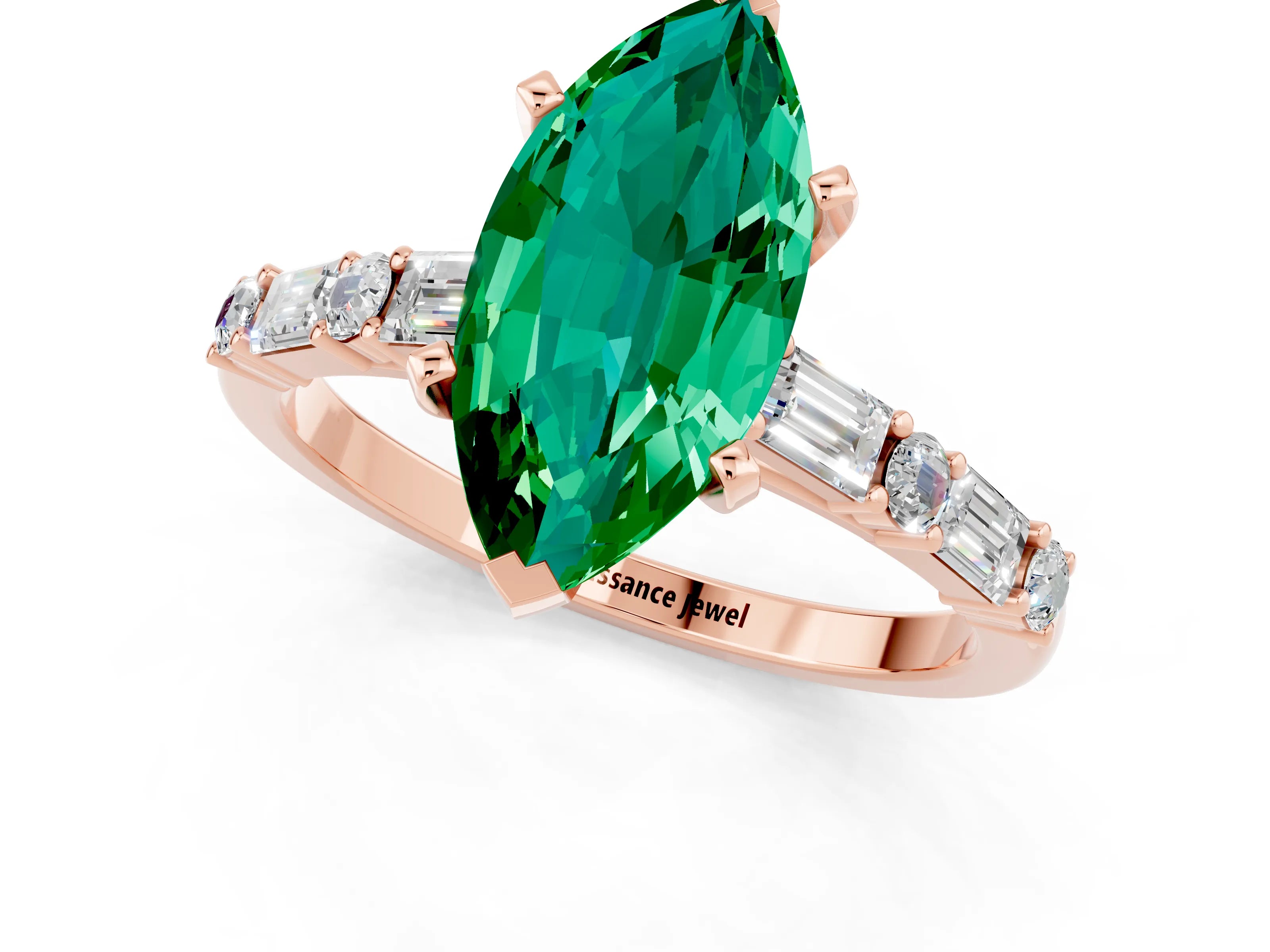 Rose gold Marquise Cut Emerald Solitaire with Side Baguettes and Channel Set Band_1