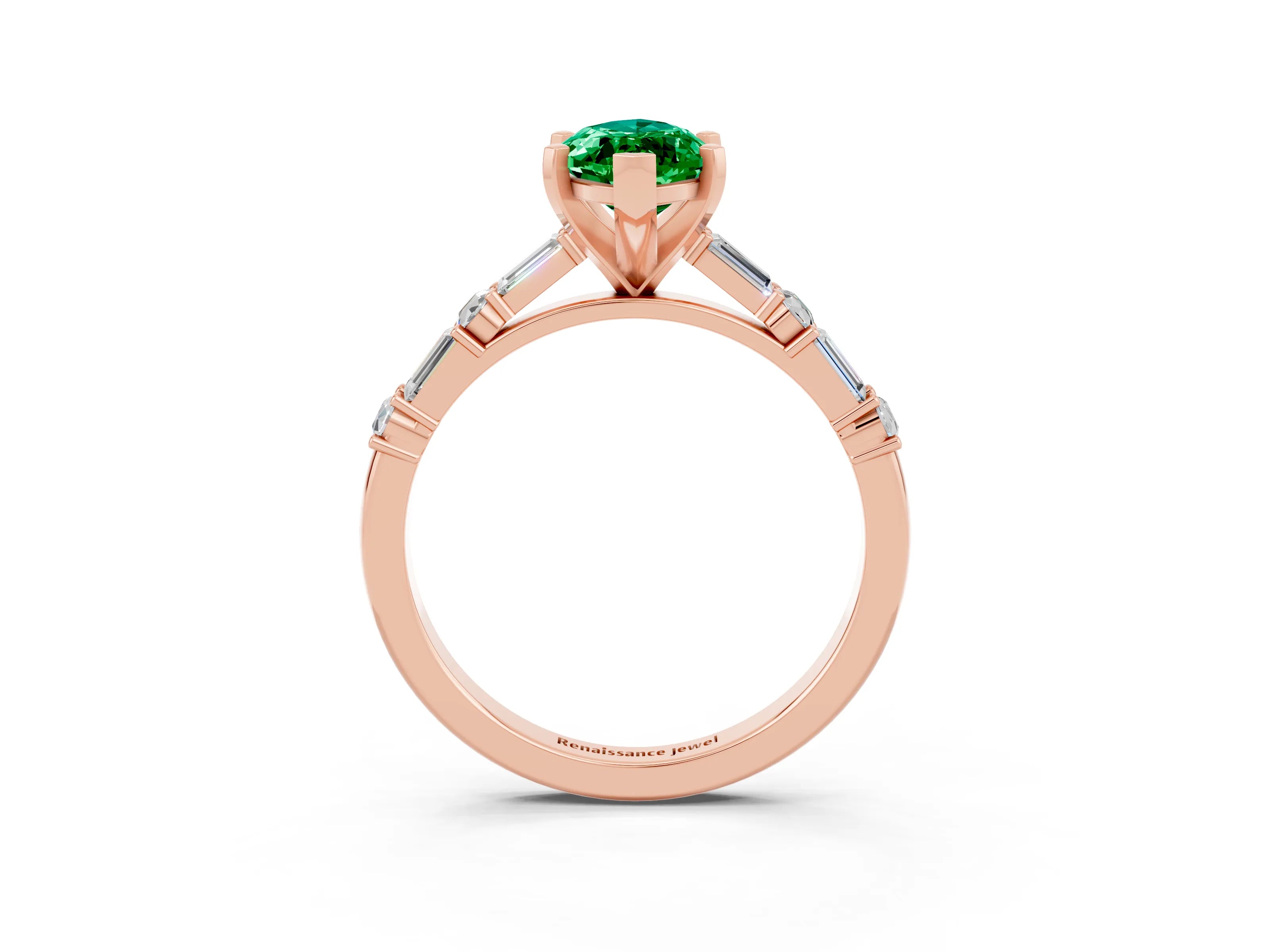 Rose gold Marquise Cut Emerald Solitaire with Side Baguettes and Channel Set Band_3