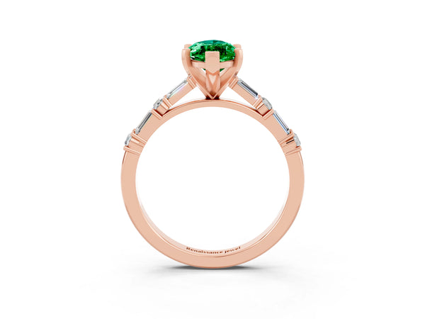Rose gold Marquise Cut Emerald Solitaire with Side Baguettes and Channel Set Band