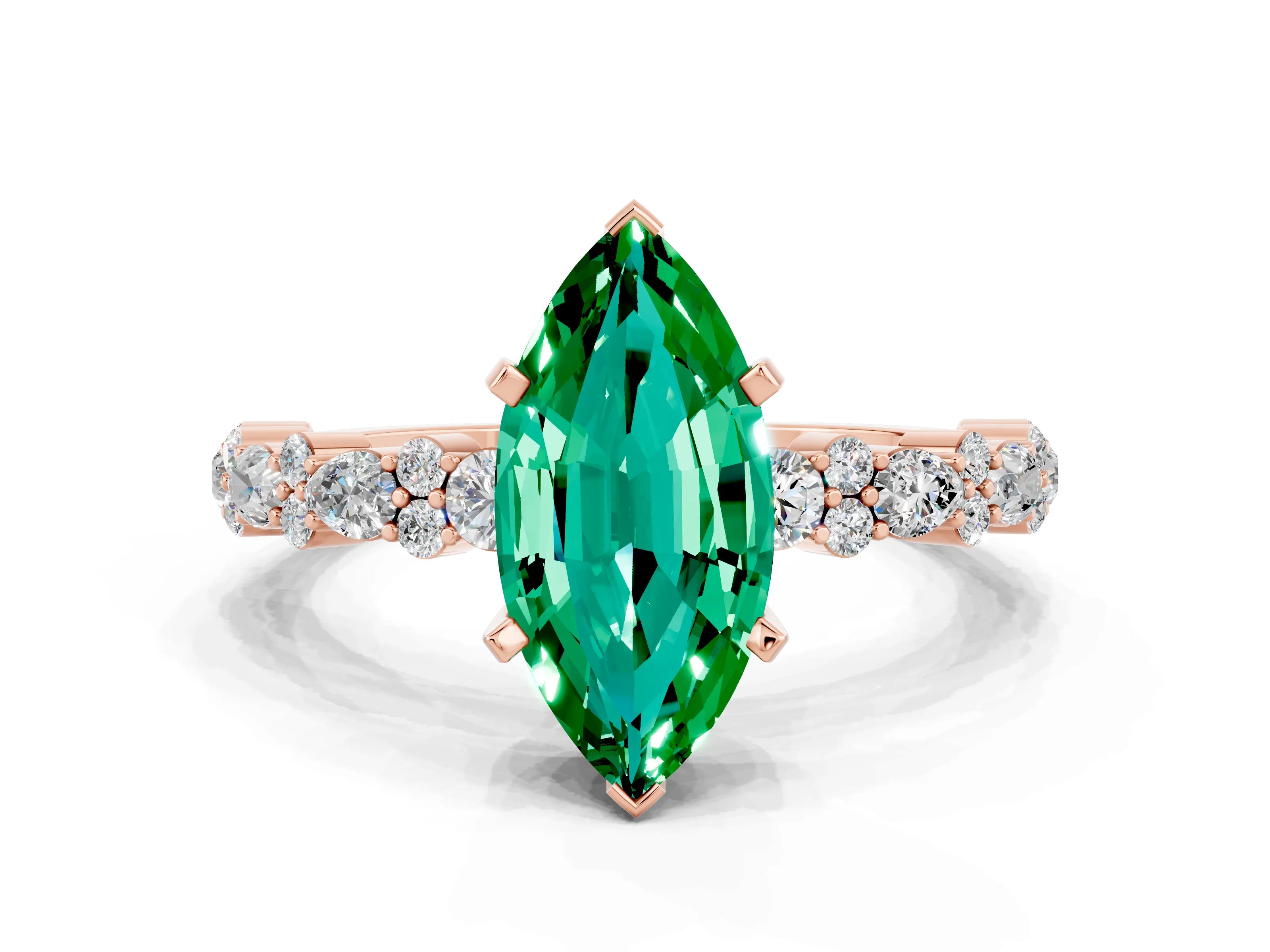 Rose gold Marquise Cut Emerald Solitaire with Side Stones, Pave Band, Four-Prong Setting_36