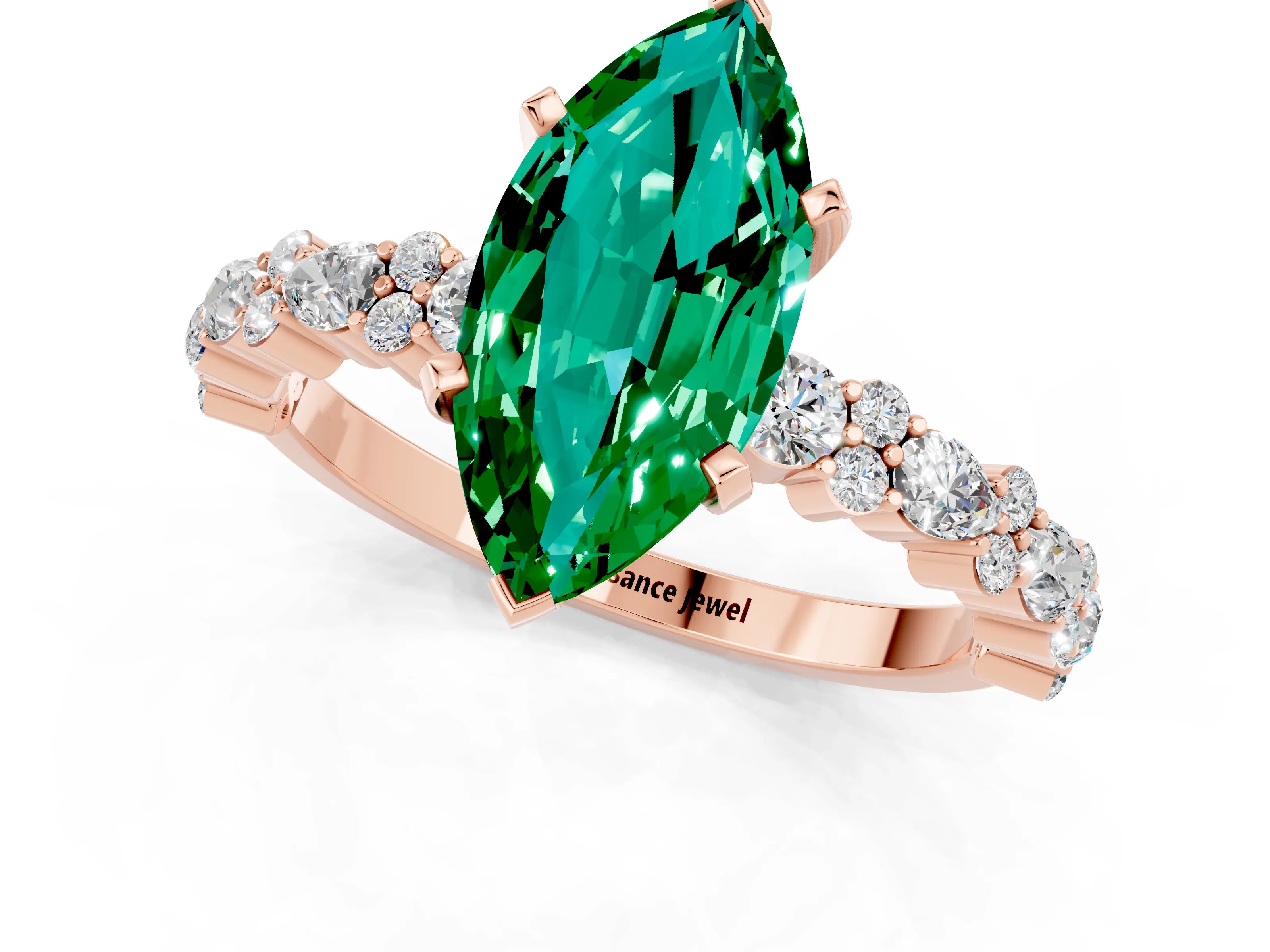 Rose gold Marquise Cut Emerald Solitaire with Side Stones, Pave Band, Four-Prong Setting_37