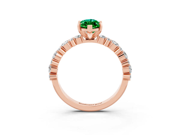 Rose gold Marquise Cut Emerald Side Stone Solitaire Ring with Round  and Four-Prong Setting