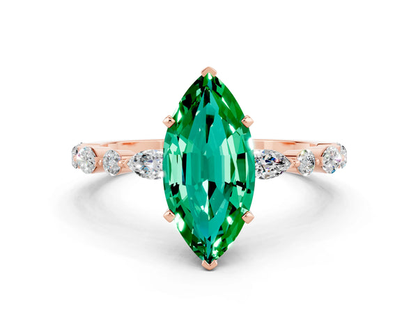Rose gold Marquise Cut Emerald Ring with Marquise and Round  Side Stones and Four-Prong Setting