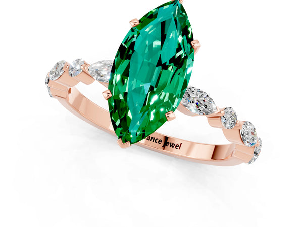 Rose gold Marquise Cut Emerald Ring with Marquise and Round  Side Stones and Four-Prong Setting
