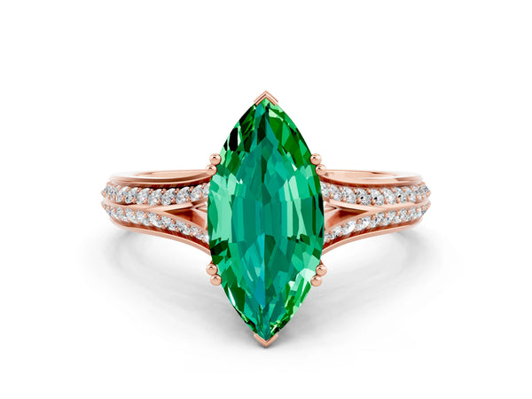 Rose gold Marquise Cut Emerald Split Shank Engagement Ring with Pavé Band