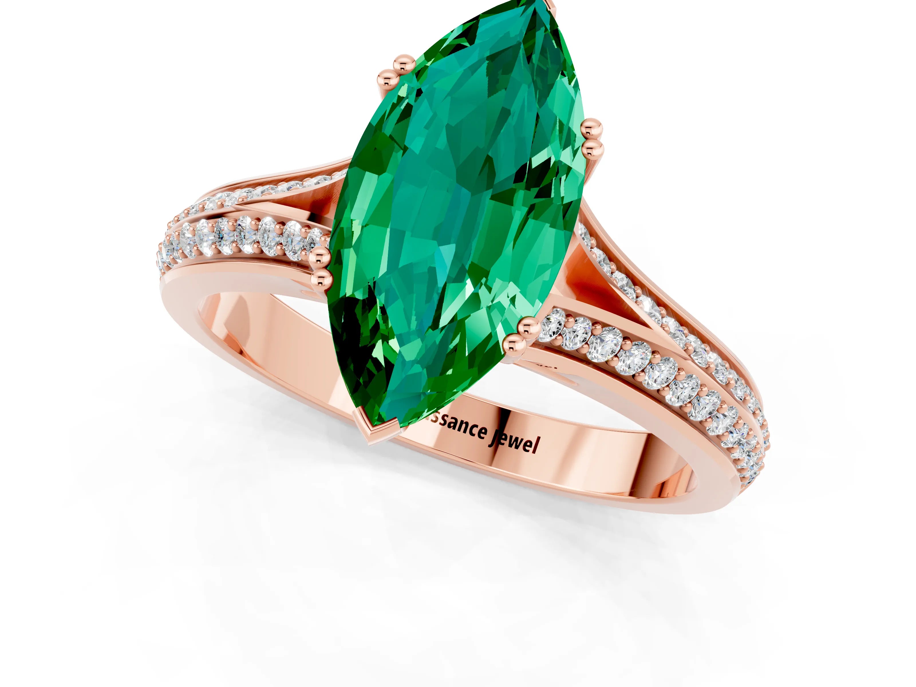 Rose gold Marquise Cut Emerald Split Shank Engagement Ring with Pavé Band_1