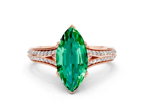 Rose gold Marquise Cut Emerald Split Shank Engagement Ring with Pavé Band