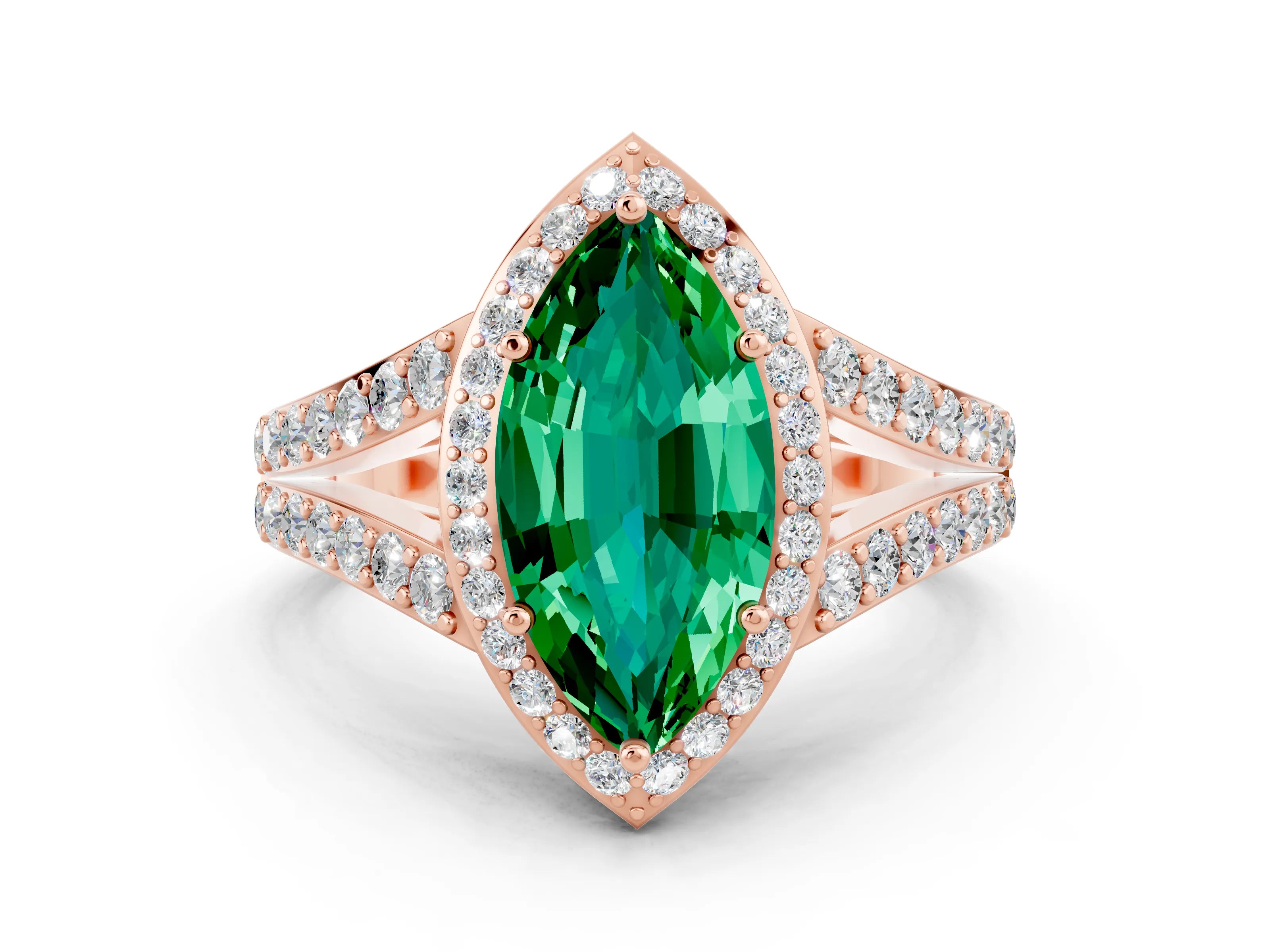 Rose gold Marquise Cut Emerald Split Shank Halo Ring with Four-Prong Setting_12