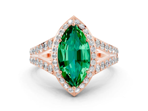 Rose gold Marquise Cut Emerald Split Shank Halo Ring with Four-Prong Setting