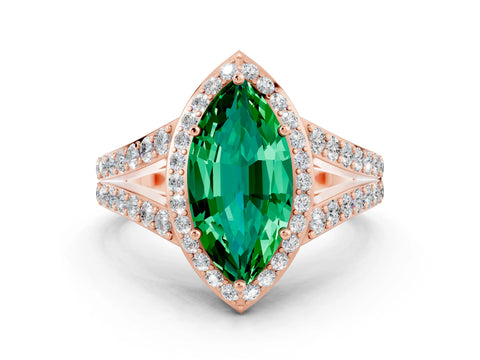 Rose gold Marquise Cut Emerald Split Shank Halo Ring with Four-Prong Setting_12
