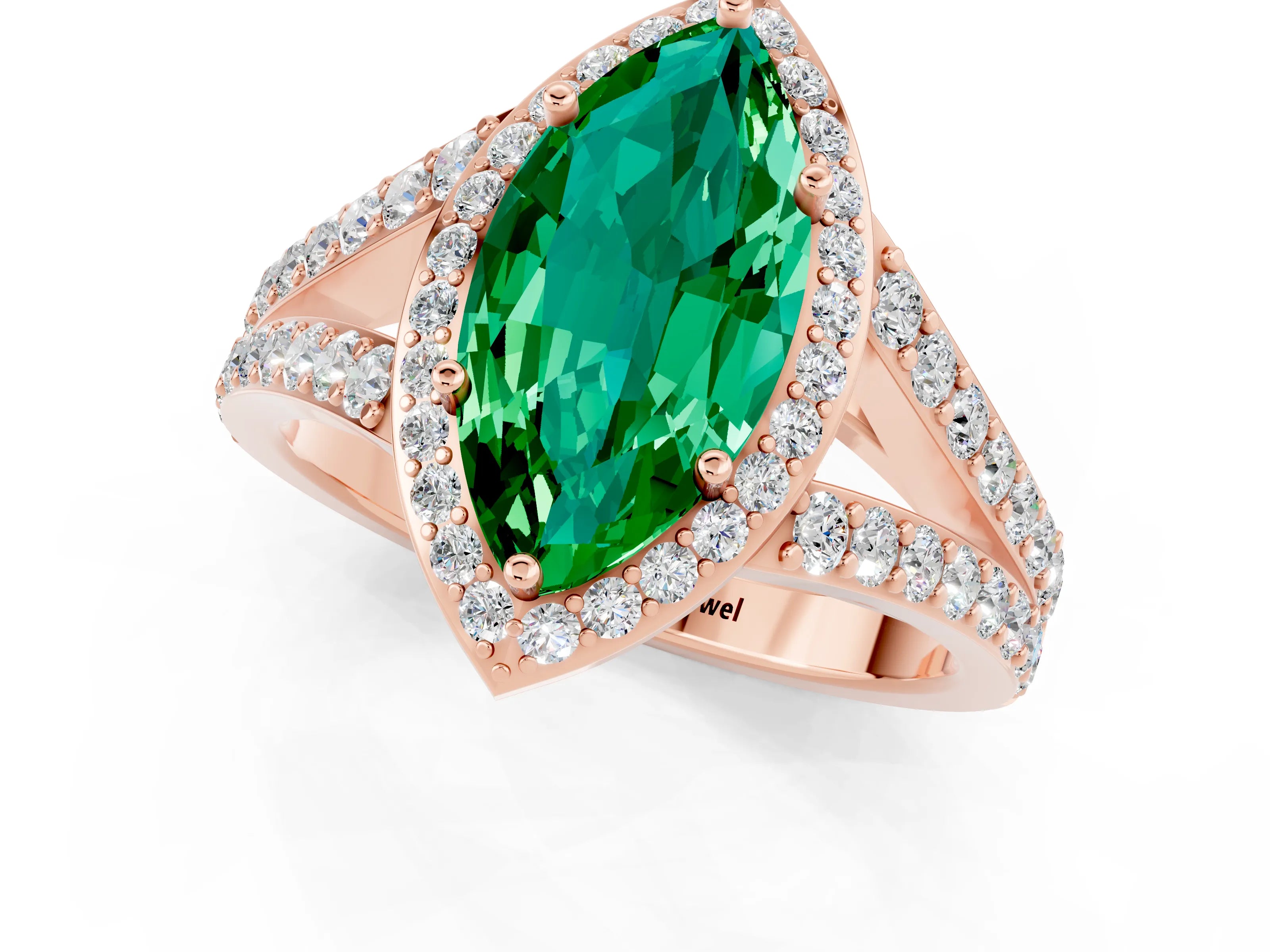 Rose gold Marquise Cut Emerald Split Shank Halo Ring with Four-Prong Setting_13