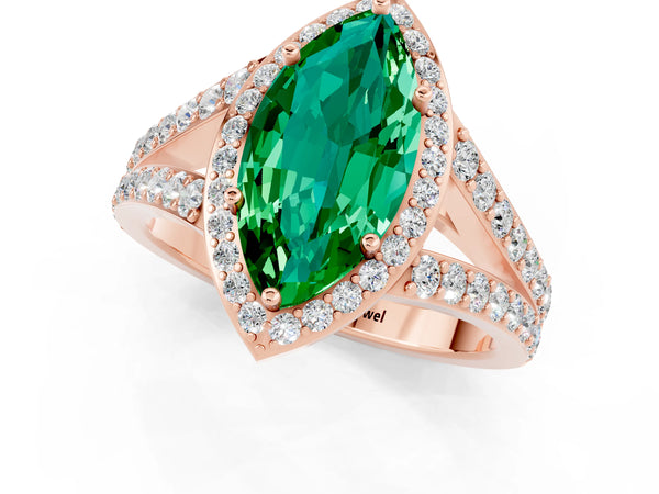 Rose gold Marquise Cut Emerald Split Shank Halo Ring with Four-Prong Setting