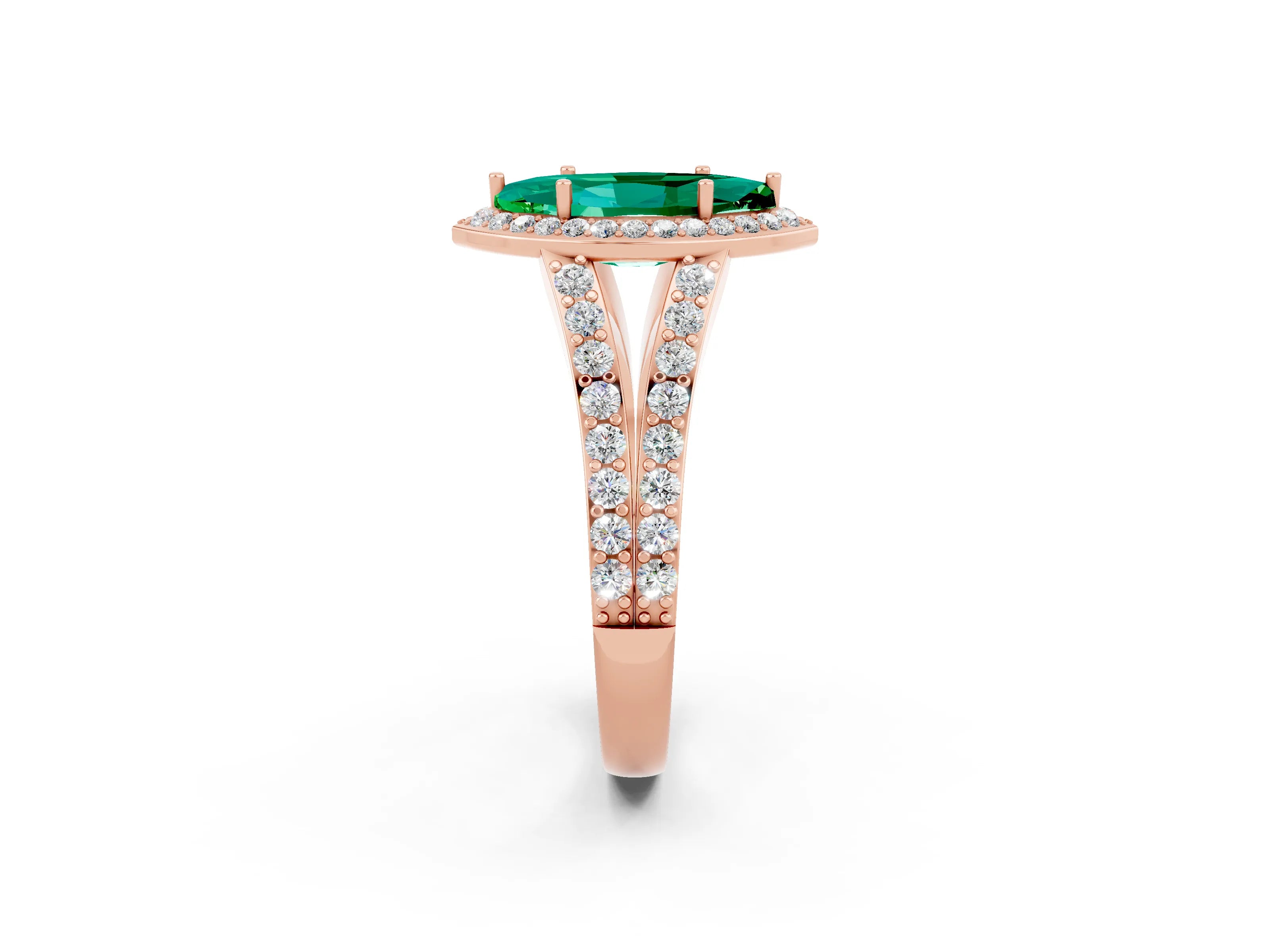 Rose gold Marquise Cut Emerald Split Shank Halo Ring with Four-Prong Setting_14