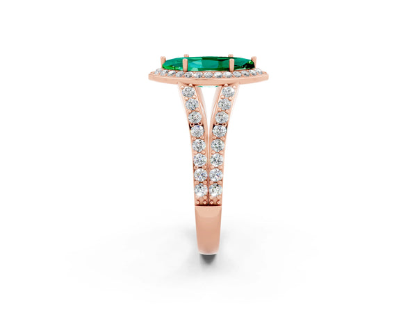 Rose gold Marquise Cut Emerald Split Shank Halo Ring with Four-Prong Setting