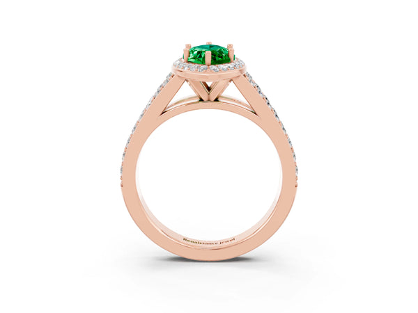 Rose gold Marquise Cut Emerald Split Shank Halo Ring with Four-Prong Setting