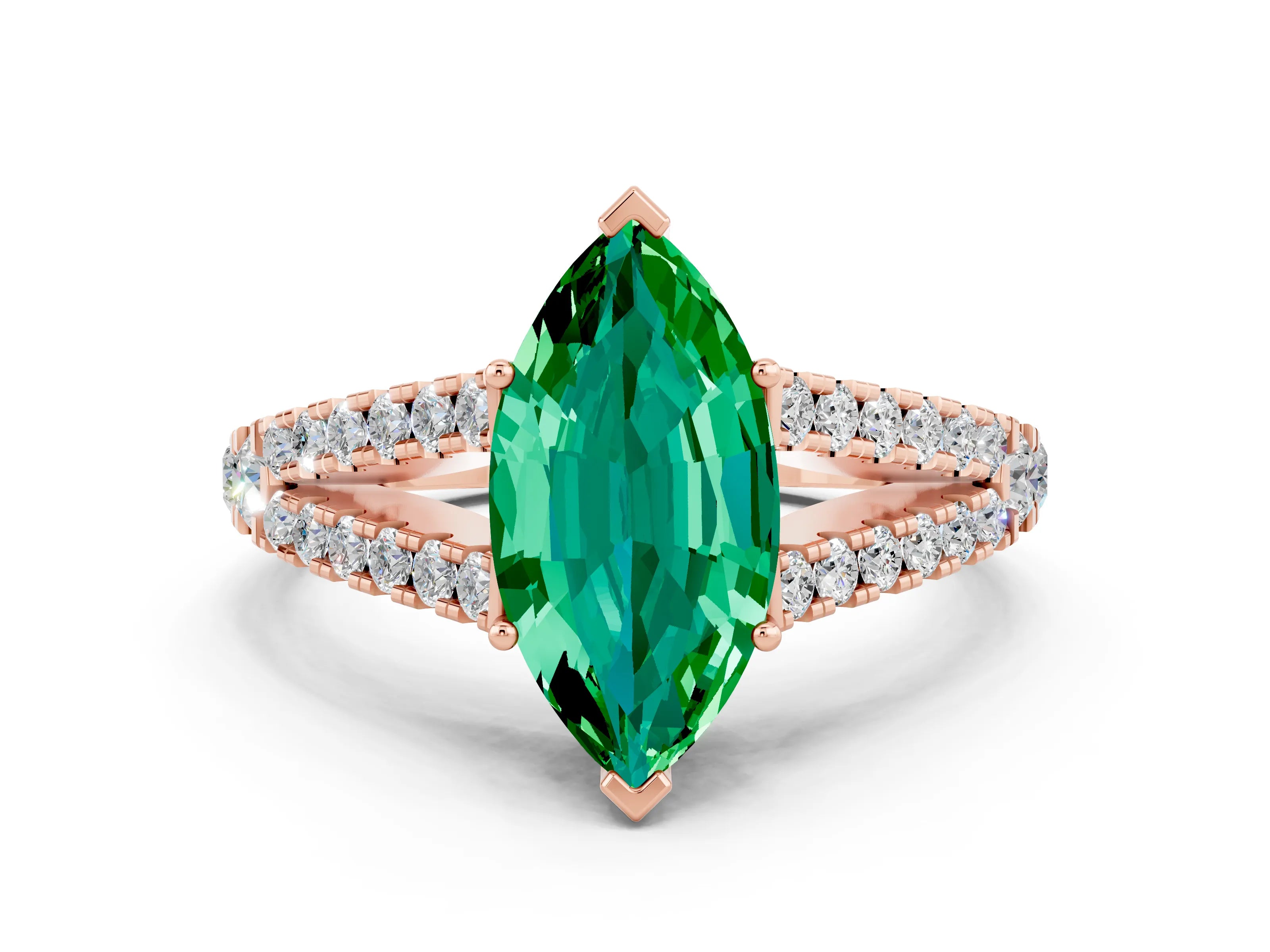 Rose gold Marquise Cut Emerald Split Shank Pavé Engagement Ring with Four-Prong Setting_12