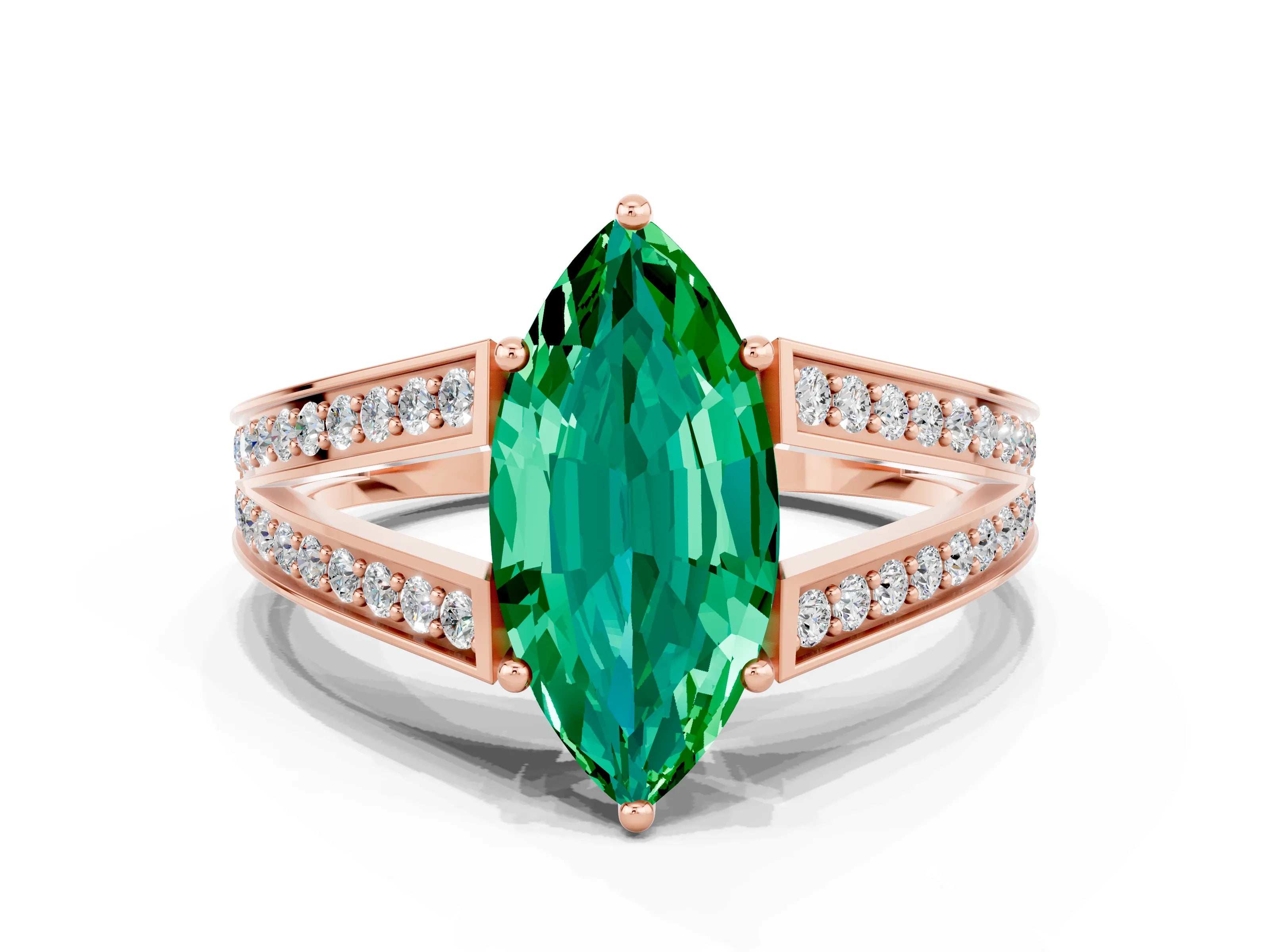 Rose gold Marquise Cut Emerald Split Shank Ring with Pavé Band and Four-Prong Setting