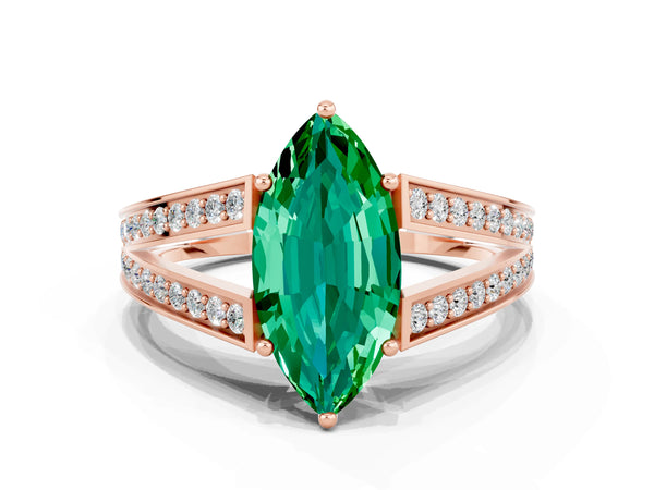 Rose gold Marquise Cut Emerald Split Shank Ring with Pavé Band and Four-Prong Setting