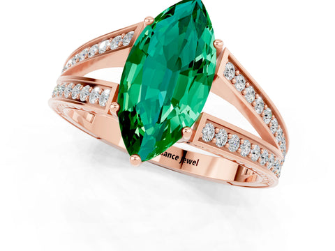 Rose gold Marquise Cut Emerald Split Shank Ring with Pavé Band and Four-Prong Setting_1