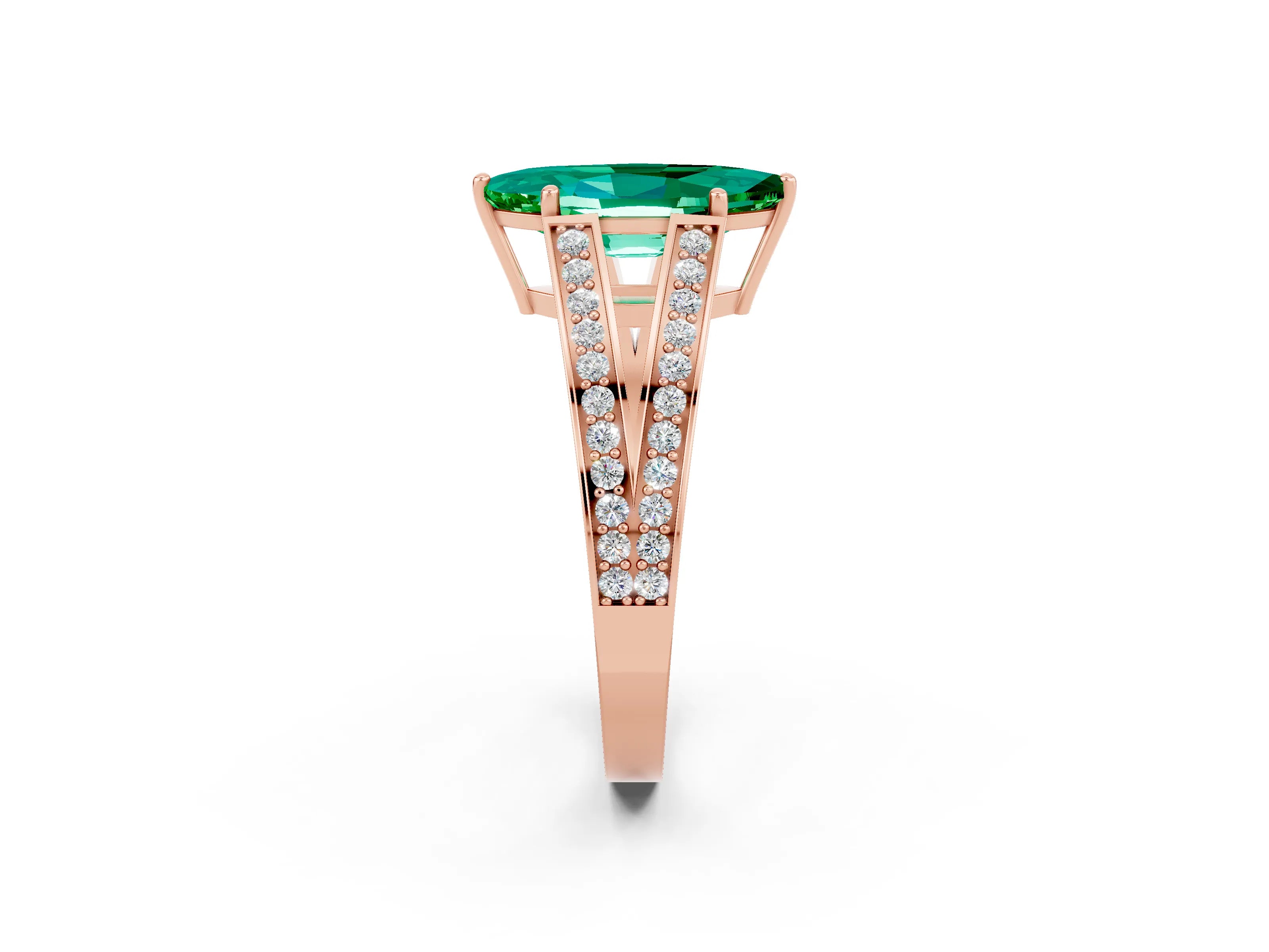 Rose gold Marquise Cut Emerald Split Shank Ring with Pavé Band and Four-Prong Setting_2