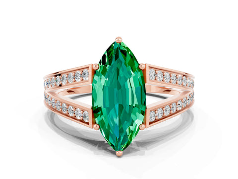 Rose gold Marquise Cut Emerald Split Shank Ring with Pavé Band and Four-Prong Setting