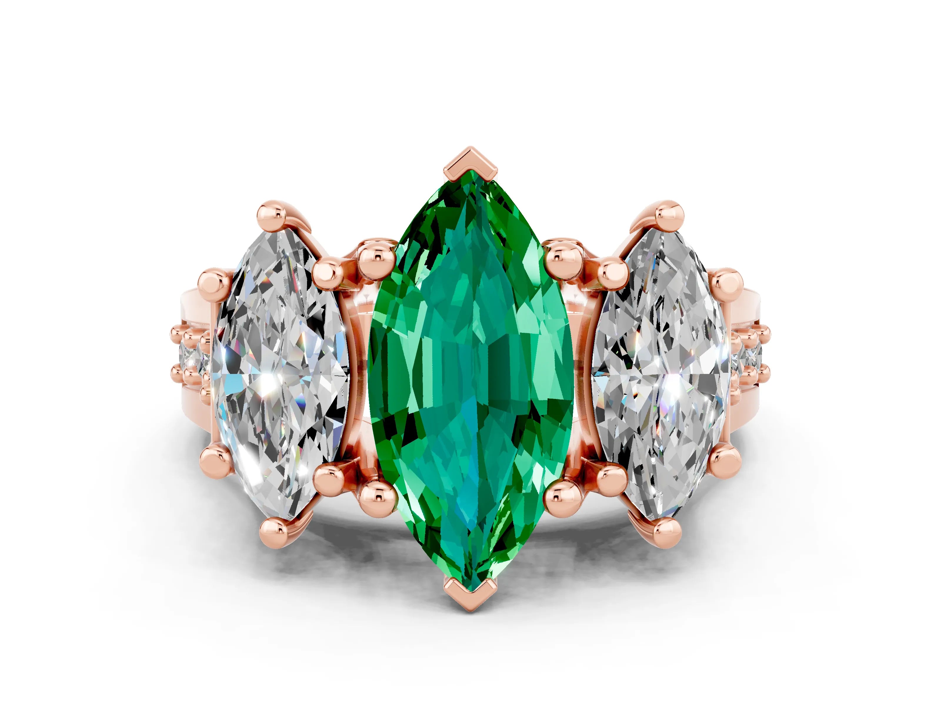Rose gold Marquise Cut Emerald Three-Stone Ring with Channel Set Band and Four-Prong Setting