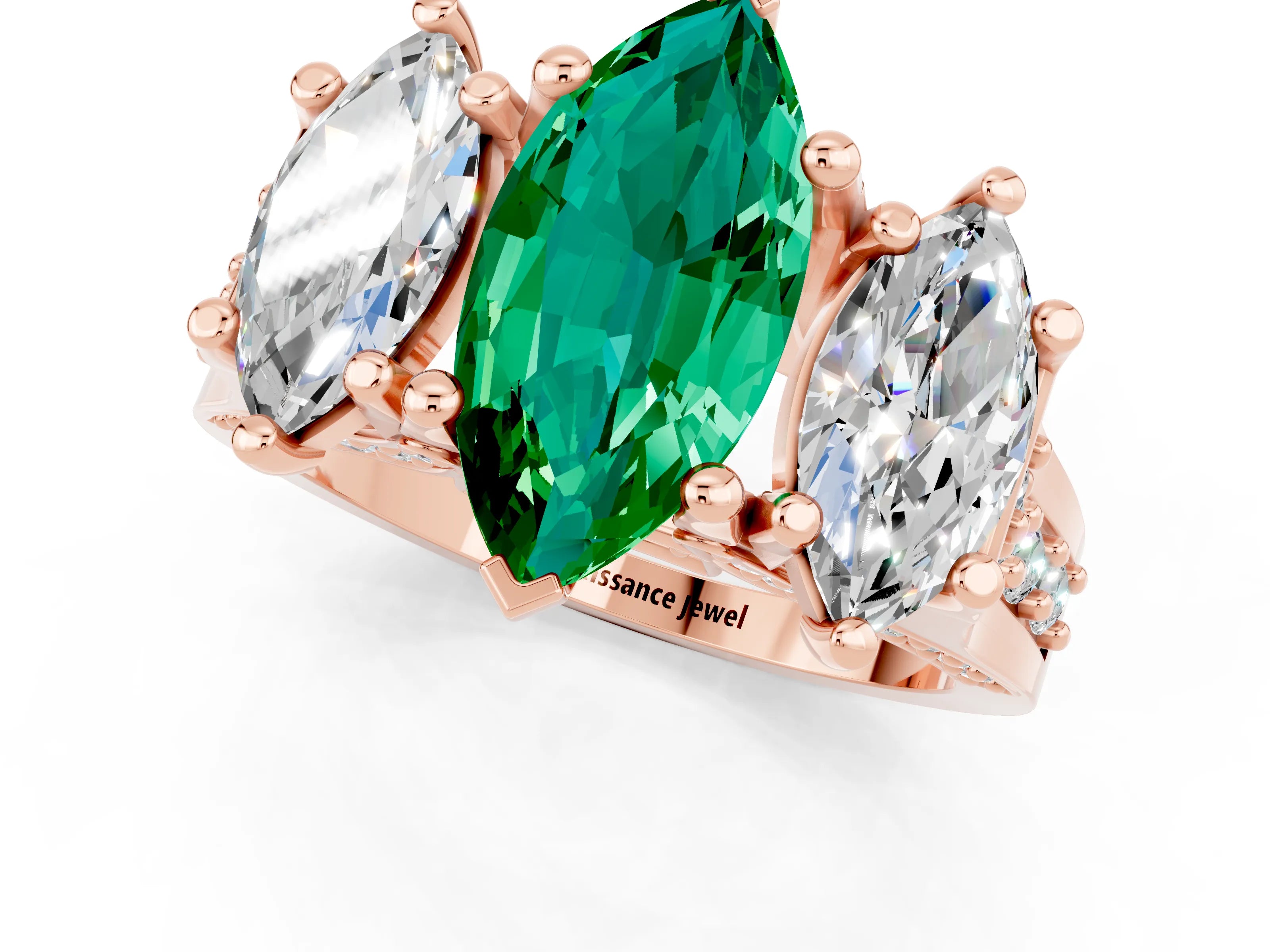 Rose gold Marquise Cut Emerald Three-Stone Ring with Channel Set Band and Four-Prong Setting_1