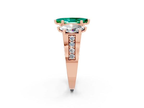 Rose gold Marquise Cut Emerald Three-Stone Ring with Channel Set Band and Four-Prong Setting