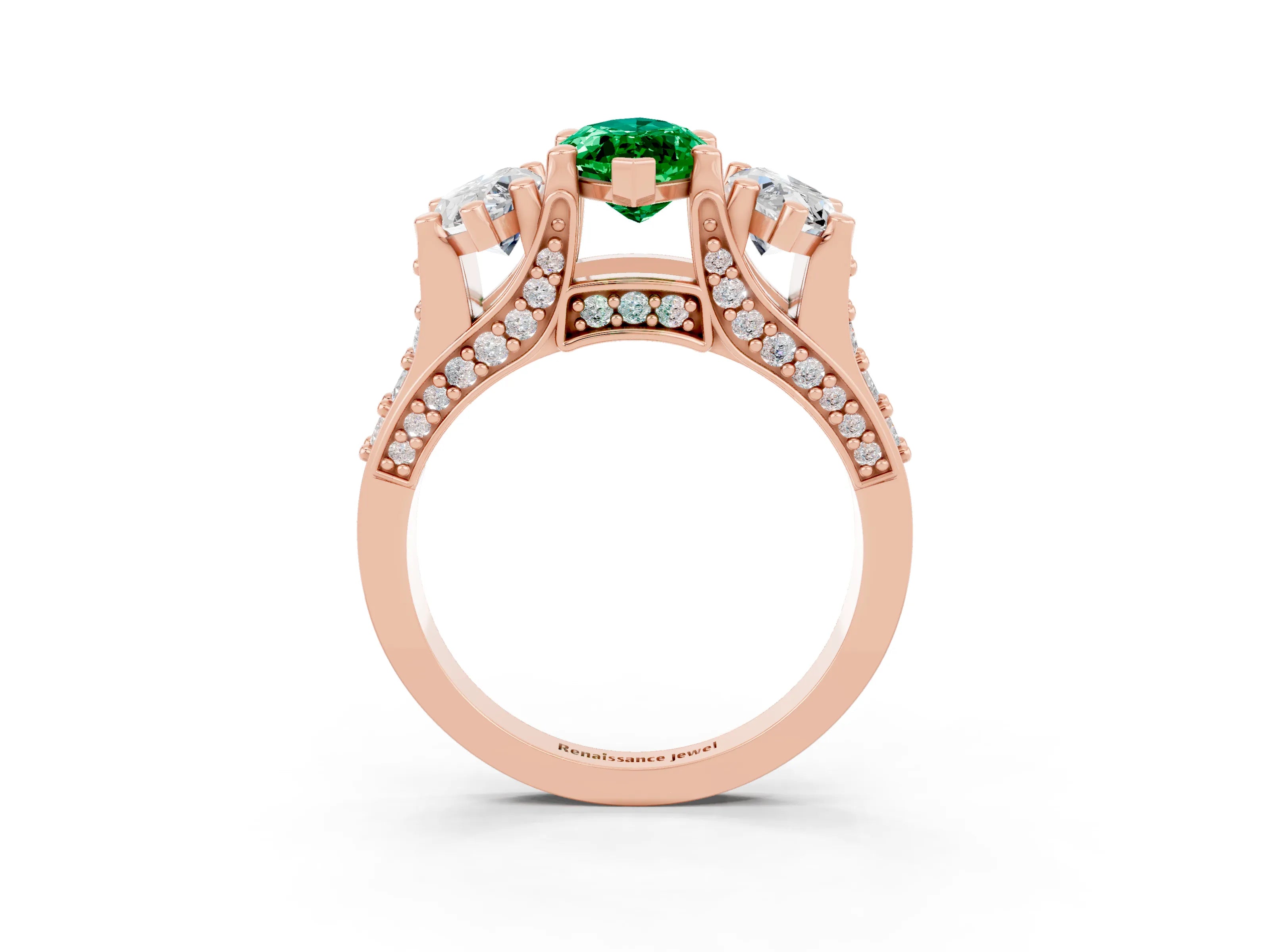 Rose gold Marquise Cut Emerald Three-Stone Ring with Channel Set Band and Four-Prong Setting_3