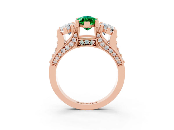 Rose gold Marquise Cut Emerald Three-Stone Ring with Channel Set Band and Four-Prong Setting